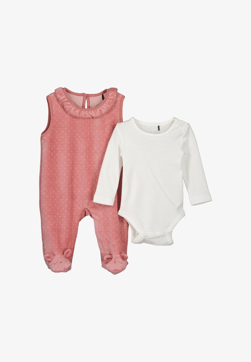 Dwuczęściowy zestaw dla niemowląt składający się z różowej kombinezonu w kropki z falbaną przy dekolcie i akcentami stóp w kształcie misia, połączonego z białym body z długim rękawem.
