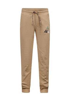 Beige sweatpants gemaakt van een zachte katoenmix, met een elastische tailleband met trekkoord, ribbels aan de broekspijpen en een driehoekig logo op de dij.