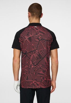 Black short-sleeve shirt with a red abstract pattern, featuring a round collar and a smooth texture, designed for active wear.