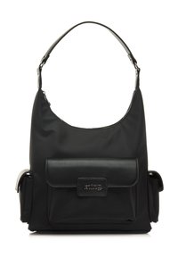 Borsa a tracolla in nylon nero con una silhouette curvata, dotata di una tasca anteriore con patta e due tasche laterali. Texture liscia e tracolla regolabile.