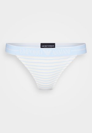 Blue and white striped thong underwear with a soft elastic waistband featuring the "Emporio Armani" logo. Smooth fabric texture.