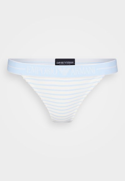 Blue and white striped thong underwear with a soft elastic waistband featuring the "Emporio Armani" logo. Smooth fabric texture.