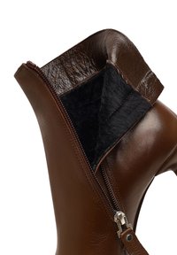 Bottines en cuir marron avec fermeture éclair. Intérieur doublé de fourrure noire, présentant une finition lisse et brillante avec des variations de texture subtiles.