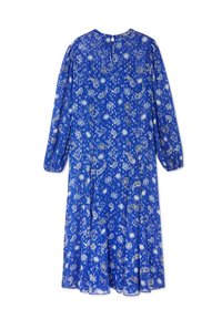 Robe midi bleue à manches longues avec motifs blancs paisley et étoiles, fermeture par boutons au dos au niveau du col et poignets froncés.