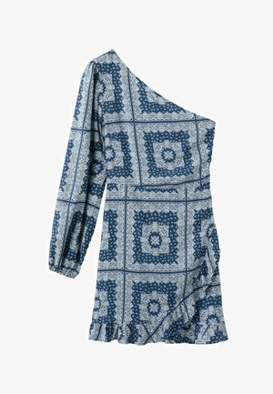 Haljina na jedno rame plavo-bijelog uzorka s dugim rukavima i volanom na rubu, s dizajnom kvadratnog bandana uzorka.