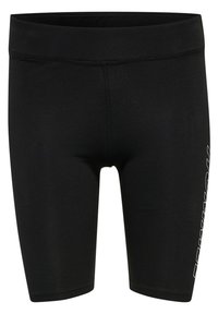 Svarta tajta shorts i slät tyg, med resårmidja och en vit logotyp tryckt längs vänster sida.