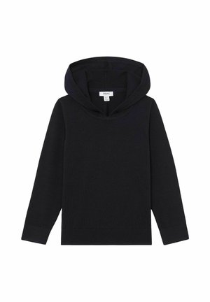 Čierna mikina s kapucňou a dlhými rukávmi, jednoduchý dizajn, jemná textúra a zaoblený výstrih. Má základný strih bez ozdôb.