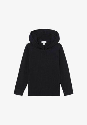 Must kapuutsiga dressipluus pikkade varrukatega, lihtsa disainiga, pehme tekstuuriga ja ümmarguse kaelusega. Omaduseks on põhiline lõige ilma kaunistusteta.