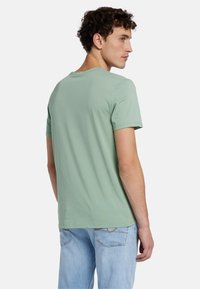 T-shirt in cotone verde chiaro con scollatura tonda e maniche corte, caratterizzato da una vestibilità standard e una texture liscia e morbida.