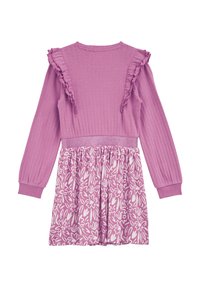 Purple dress featuring ribbed top with ruffled edges and a floral printed skirt. Long sleeves and elastic waistband for shape and fit.