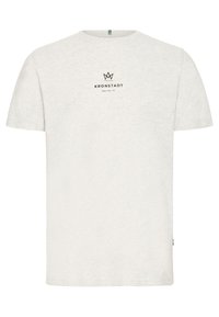 Camiseta de algodón gris claro con mangas cortas, cuello redondo y un logo impreso en negro "KRONSTADT" centrado en el pecho.