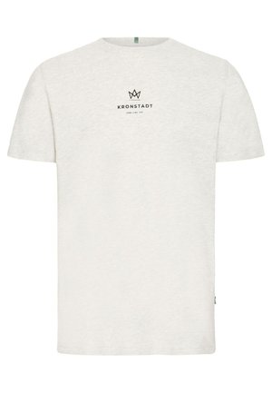 Camiseta de algodón gris claro con mangas cortas, cuello redondo y un logo impreso en negro "KRONSTADT" centrado en el pecho.