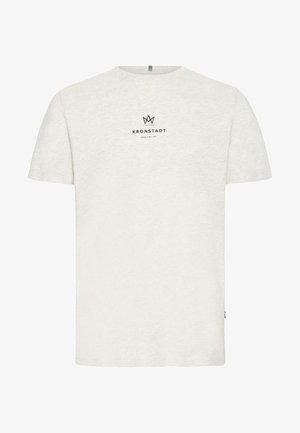 T-shirt in cotone grigio chiaro con maniche corte, scollo rotondo e un logo stampato nero "KRONSTADT" centrato sul petto.