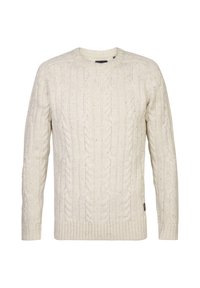 Pull tricoté couleur crème avec motifs en torsade, manches longues, et poignets et ourlet côtelés, présenté sur un fond blanc.