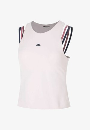 Weißes ärmelloses Oberteil mit rundem Ausschnitt, kleinem schwarzem Logo auf der Brust und dreifachen dünnen Schulterriemen in Pink und Schwarz.