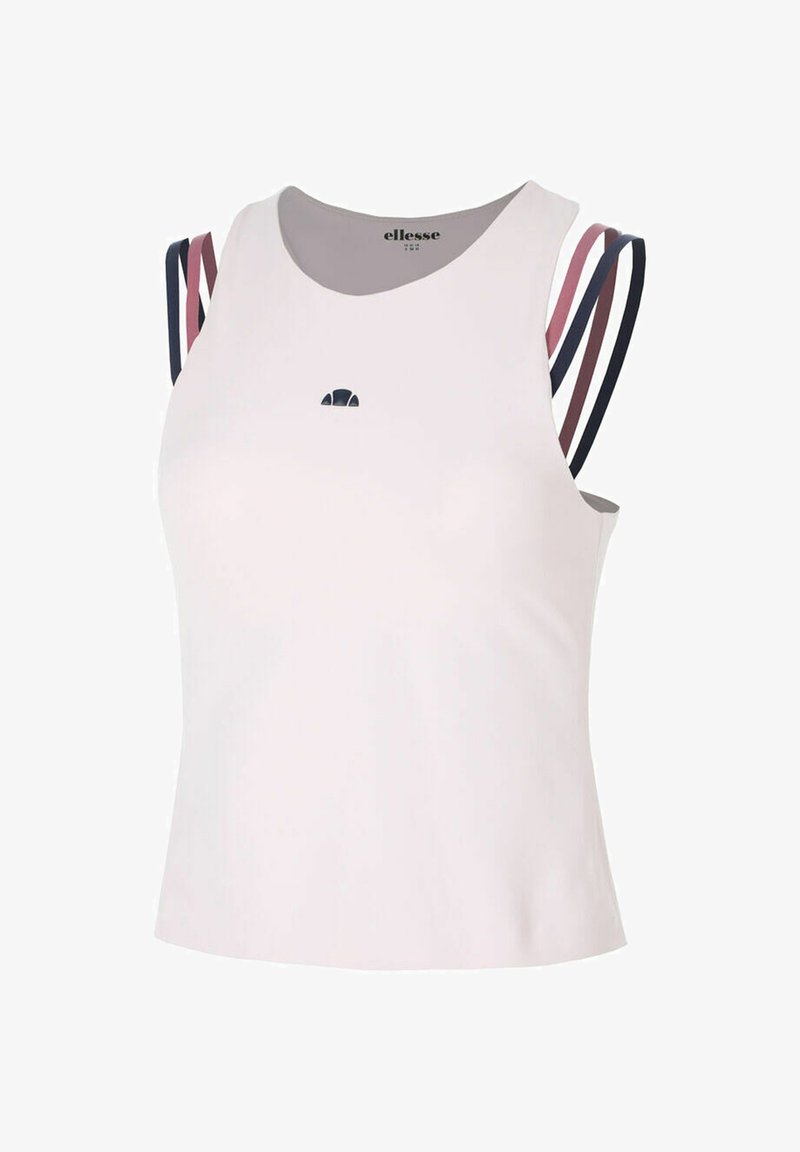 Haut blanc sans manches avec encolure ronde, petit logo noir sur la poitrine, et triple fines bretelles en rose et noir.