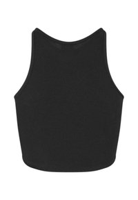 Zwarte geribbelde crop top met een mouwloos ontwerp, voorzien van een hoge halslijn en een aansluitende silhouet. Glad textuur en elastisch materiaal.