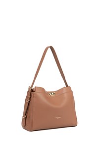 Borsa a tracolla in pelle marrone con una sola tracolla, chiusura con fibbia dorata e logo "Lancaster Paris" sul davanti.