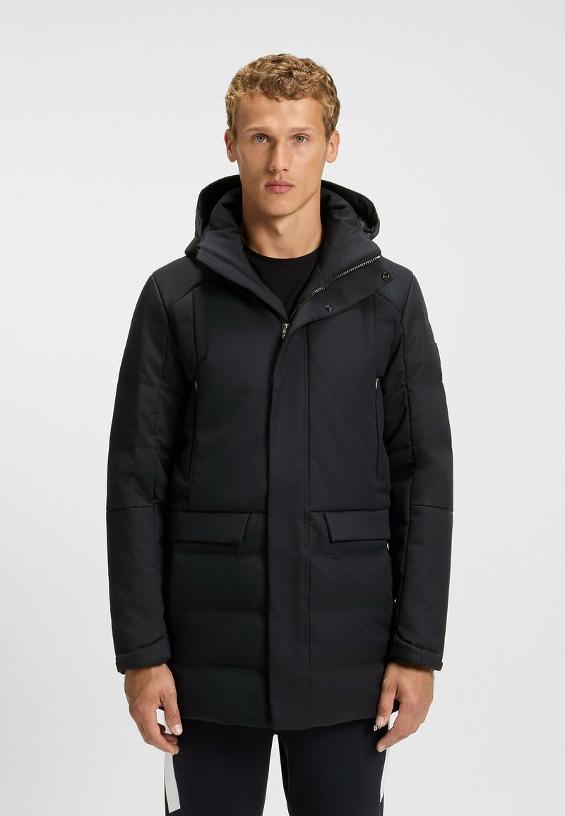 Black padded jacket featuring a hood, zip closure, and two front pockets. Smooth texture with a sleek, modern design.