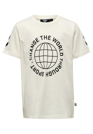Crème kortaf T-shirt van katoen met een zwarte wereldbol graphic en de tekst "VERANDER DE WERELD DOOR SPORT" en accentstrepen op de mouwen.