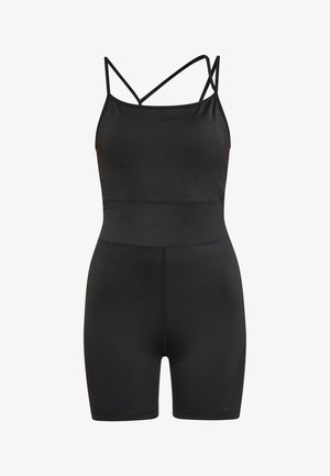 Fekete sportos bodyszut és illeszkedő kialakítással, vékony pántokkal és sima textúrával. Magas derékkal és középmagas shortokkal rendelkezik.