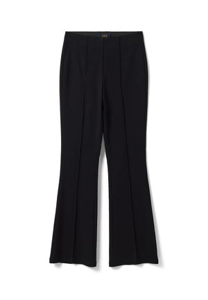 Schwarze, maßgeschneiderte Hose mit geradem Bein und Bügeldetails, aus glattem Stoff gefertigt, auf weißem Hintergrund dargestellt.