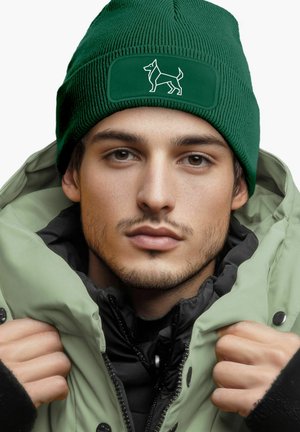 Green knit beanie with textured fabric and a rectangular patch featuring a white dog graphic. Worn with a light green parka jacket.