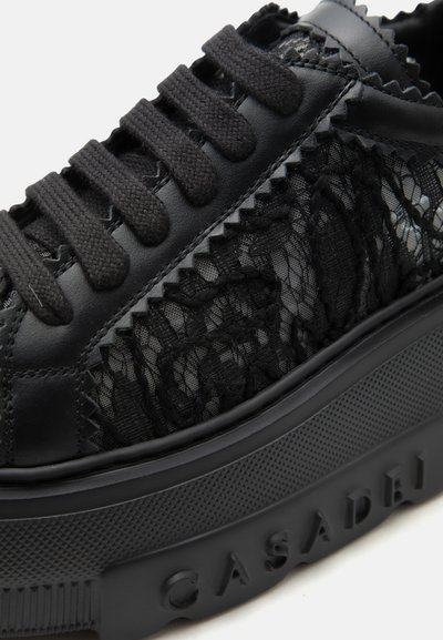 Μαύρο αθλητικό παπούτσι με κορδόνια, διαφανείς πλευρικές επενδύσεις από δαντέλα, παχύ υφασμάτινο πάτο και το όνομα "CASADEI" ανάγλυφα στο άκρο της σόλας.