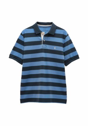 Blå og sorte vandrette stribede kortærmede polo skjorte med krave og to-knaps stolpelukning.