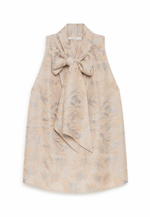 Blusa beige senza maniche con delicato motivo floreale e grande fiocco annodato al collo, realizzata in tessuto lucido.