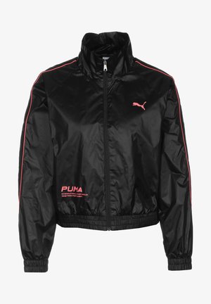 Černá nylonová bomber bunda s vysokým límcem, růžovými bočními pruhy, logem PUMA, elastickými manžetami a pasem, s předním zipovým uzávěrem.