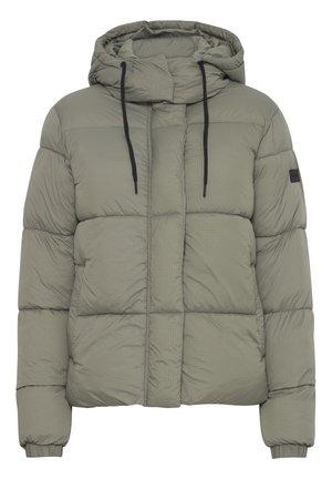 Veste matelassée en vert olive avec un motif en grille, dotée d'une capuche, de cordons de serrage noirs et de poignets élastiques. Texture douce et matelassée.