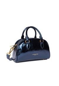 Borsa in pelle di colore blu navy lucido con accessori dorati. Forma arrotondata, doppio manico superiore, tracolla staccabile e logo frontale. Texture liscia.