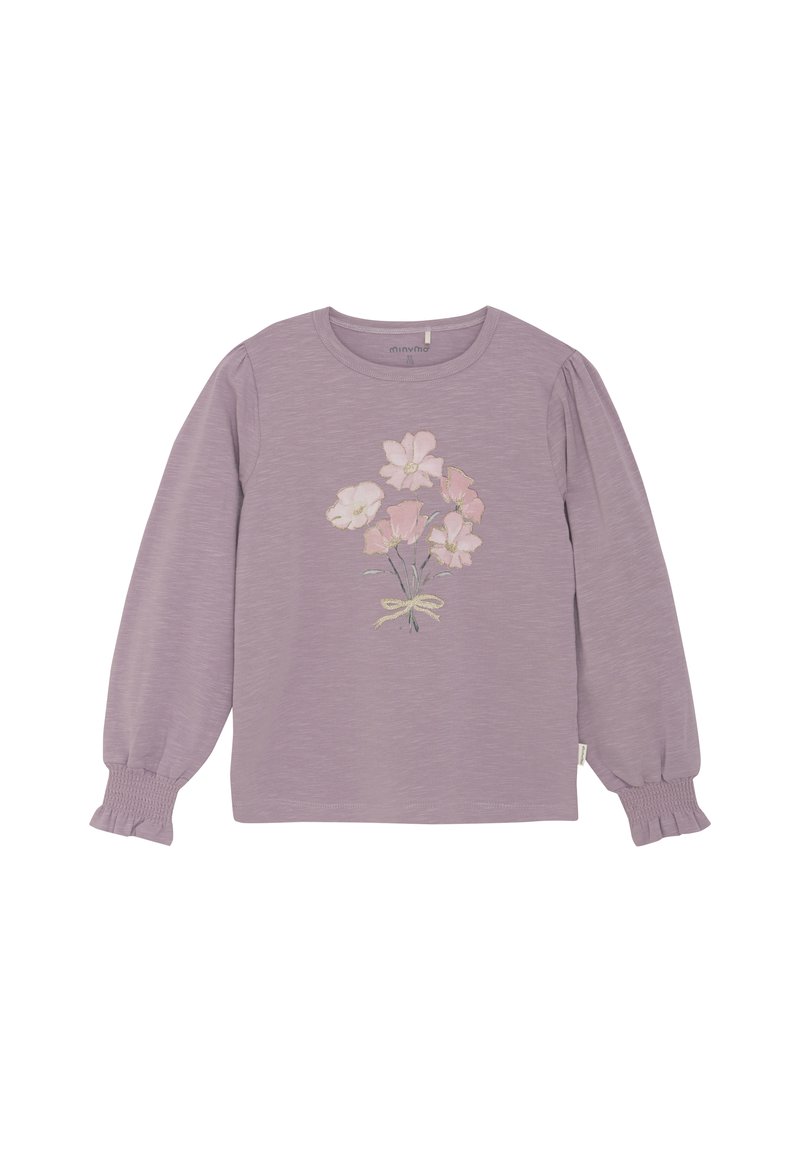 Lila Langarmoberteil mit Puffärmeln. Besitzt eine aufgestickte Blumenbouquet-Gestaltung in Pink auf der Vorderseite und geraffte Bündchen an den Handgelenken.