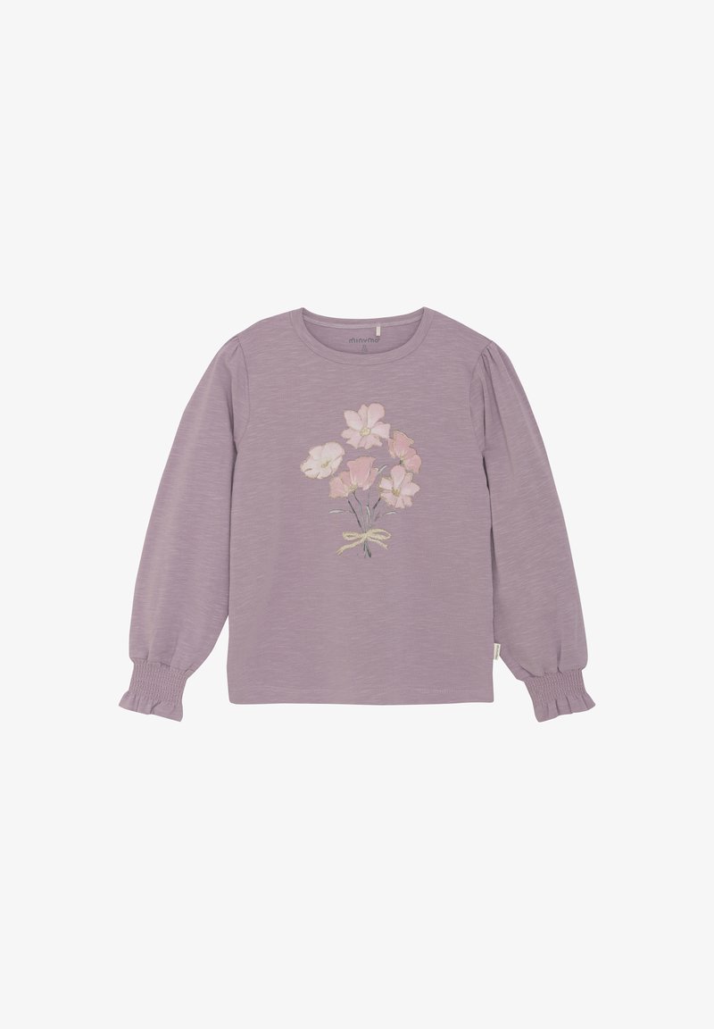 Lila Langarmoberteil mit Puffärmeln. Besitzt eine aufgestickte Blumenbouquet-Gestaltung in Pink auf der Vorderseite und geraffte Bündchen an den Handgelenken.