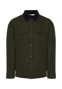 Oliwkowa kurtka koszulowa wykonana z trwałego materiału, z czarnym kołnierzem ze sztruksu, dwiema kieszeniami na piersi oraz zapięciem na guziki.