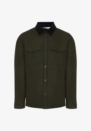 Olivgrünes Hemdjackett aus strapazierfähigem Stoff mit einem schwarzen Cordkragen, zwei Brusttaschen und einer Knopfverschluss.