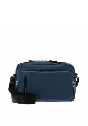 Sac bandoulière rectangulaire bleu avec deux compartiments zippés et une sangle d'épaule noire réglable.