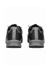Černé a šedé sportovní boty z prodyšných a textilních materiálů, s texturovanou patou, reflexními detaily a polstrovaným límcem.