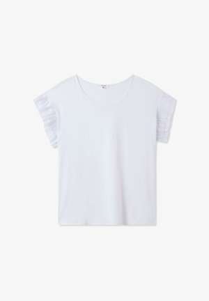 Top bianco a maniche corte con scollatura rotonda e dettagli a ruches sulle maniche, realizzato in un tessuto leggero e morbido.