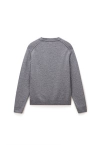 Maglione grigio a maglia con scollatura rotonda, polsini e orlo a costine e maniche raglan. Texture morbida con una trama uniforme in tutto il capo.