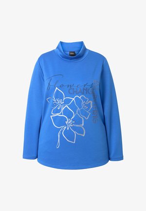 Modrý rolák s dlouhým rukávem zdobený stříbrným květinovým motivem a nápisem „Flowers Change Everything“, vyrobený z měkké látky s hladkým povrchem.