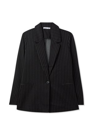 Czarna marynarka w paski z klapami, z pojedynczym zapięciem na guzik, dwoma przednimi kieszeniami i lekko luźnym krojem. Gładka tekstura tkaniny.