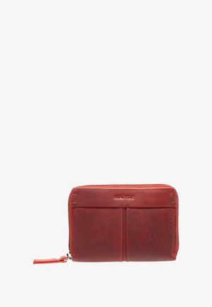 Red leather wallet with a zip closure, featuring two card slots on the front and subtle stitching details. Smooth texture.