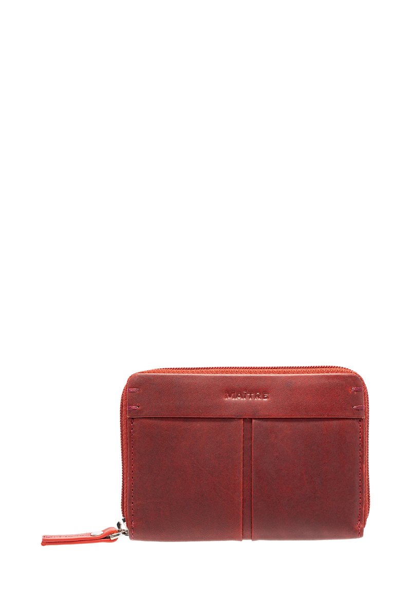 Red leather wallet with a zip closure, featuring two card slots on the front and subtle stitching details. Smooth texture.