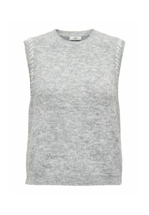 Light grey sleeveless sweater made of soft wool-blend fabric, featuring a round neckline and decorative side stitching details.
