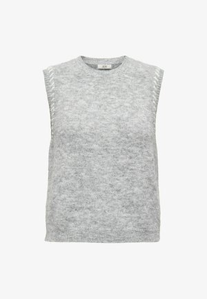 Light grey sleeveless sweater made of soft wool-blend fabric, featuring a round neckline and decorative side stitching details.