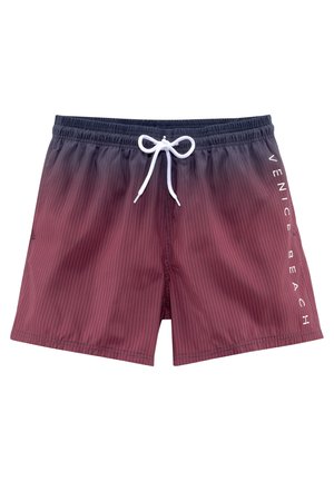 Rode en marineblauwe zwemshorts met een ruitpatroon, elastische tailleband met een trekkoord, en de tekst "VENICE BEACH" in het wit op de zijkant.