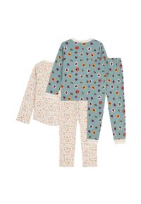 Lasten pyjamapakkaus, joka sisältää kaksi pitkähihaista paitaa ja kaksi housuparia. Pehmeää puuvillaa, yksi paita ja housut sinisiä värikkäillä kuvioilla, toinen kerma väriä pienellä kukkakuosilla.