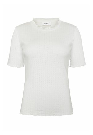 Hvid kortærmet top med et teksturet mønster og en bølget halsudskæring, lavet af letvægtsstof. Enkel design uden yderligere detaljer.
